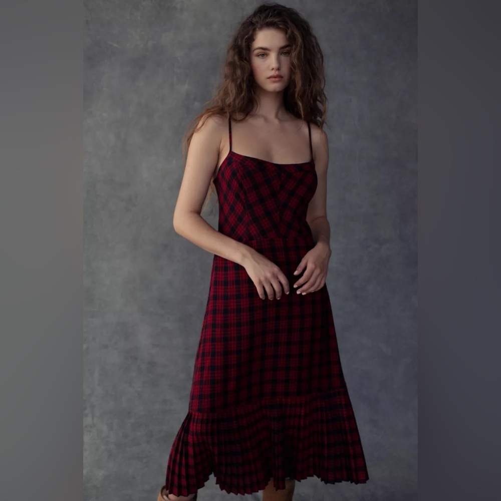 Urban Outfitters Waldorf Plaid Pleated Midi Dress; Size L